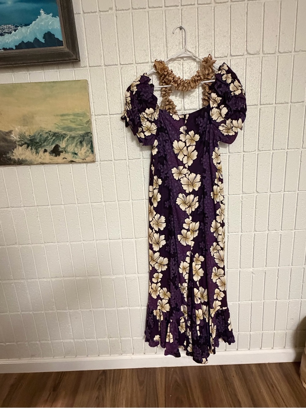 Vintage Hawaiian Purple Floral Puff-Sleeve Maxi Dress with Mermaid Tail